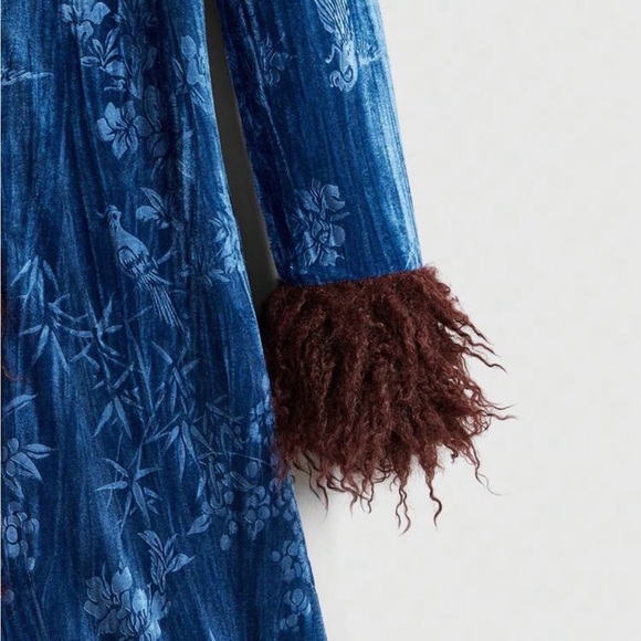 Blue Velvet and Brown Faux Fur Coat - Picture 5 of 5